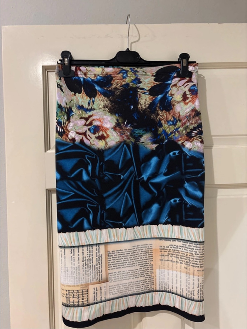 Clover Canyon Teal Satin Panel Floral & Newspaper Print Pencil Skirt